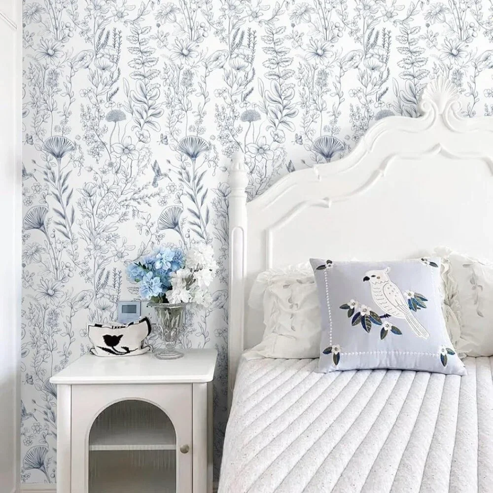 Blue Floral Peel & Stick Wallpaper – Botanical Hummingbird 17.3